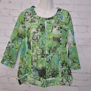 Onque Casual Paris Print Eyelet Sheer Jacket Size Small